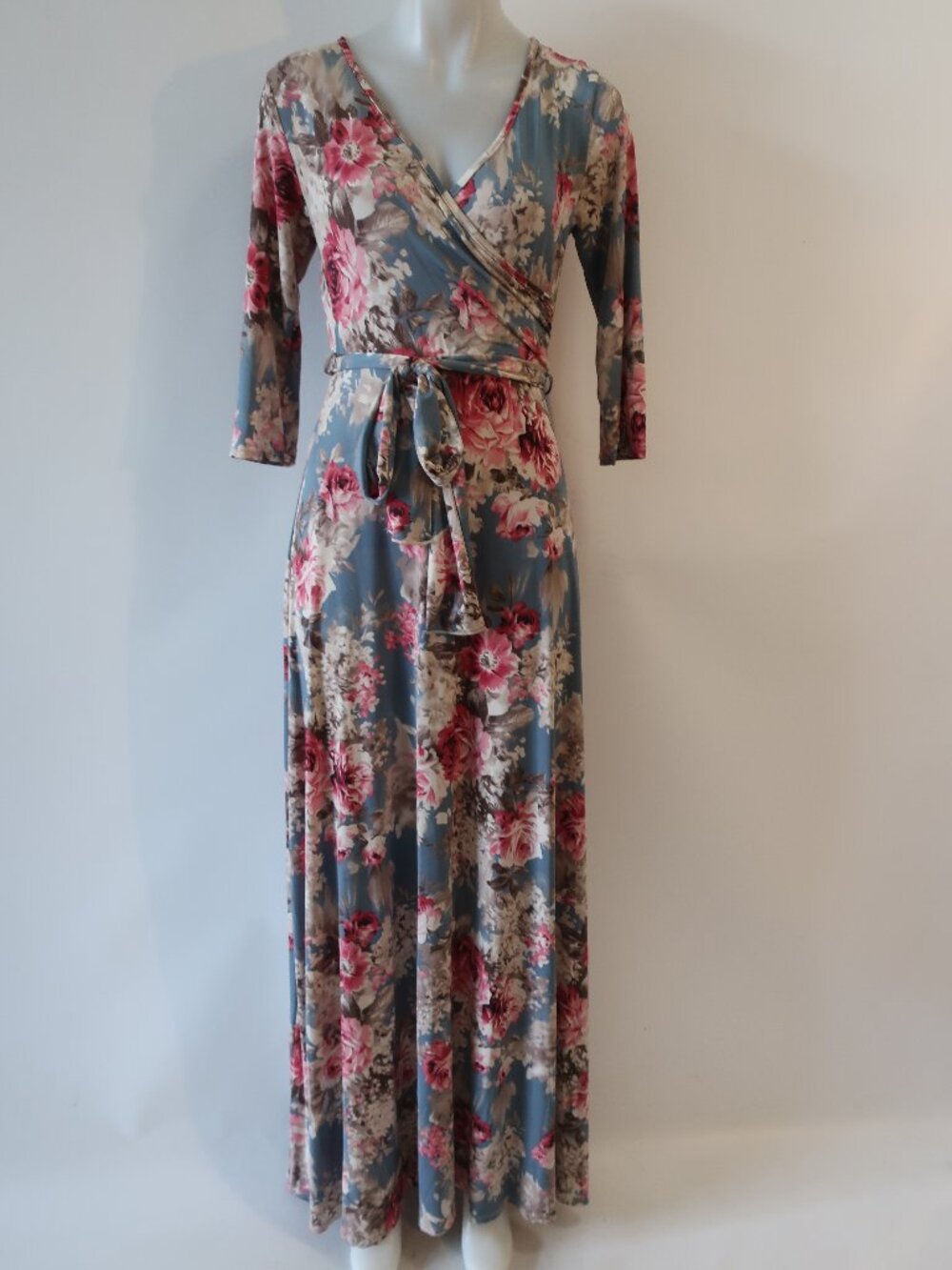 NWT Womens Pinkblush Blue/Multi Color Floral Print 3/4 Sleeve Maxi Dress S